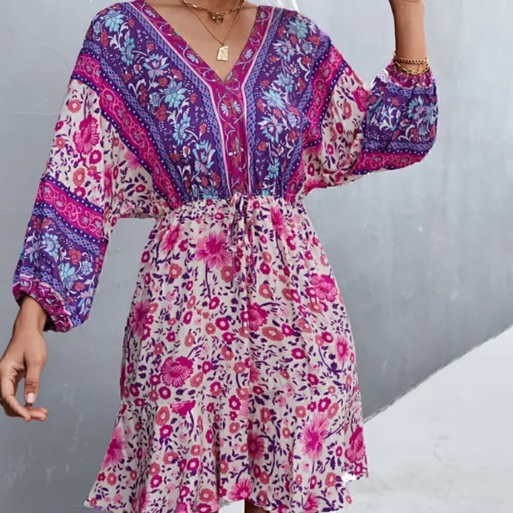 NEW! Cute Boho Ditsy Floral Print Open Tie Back Long Sleeve Dress V Neck Trendy